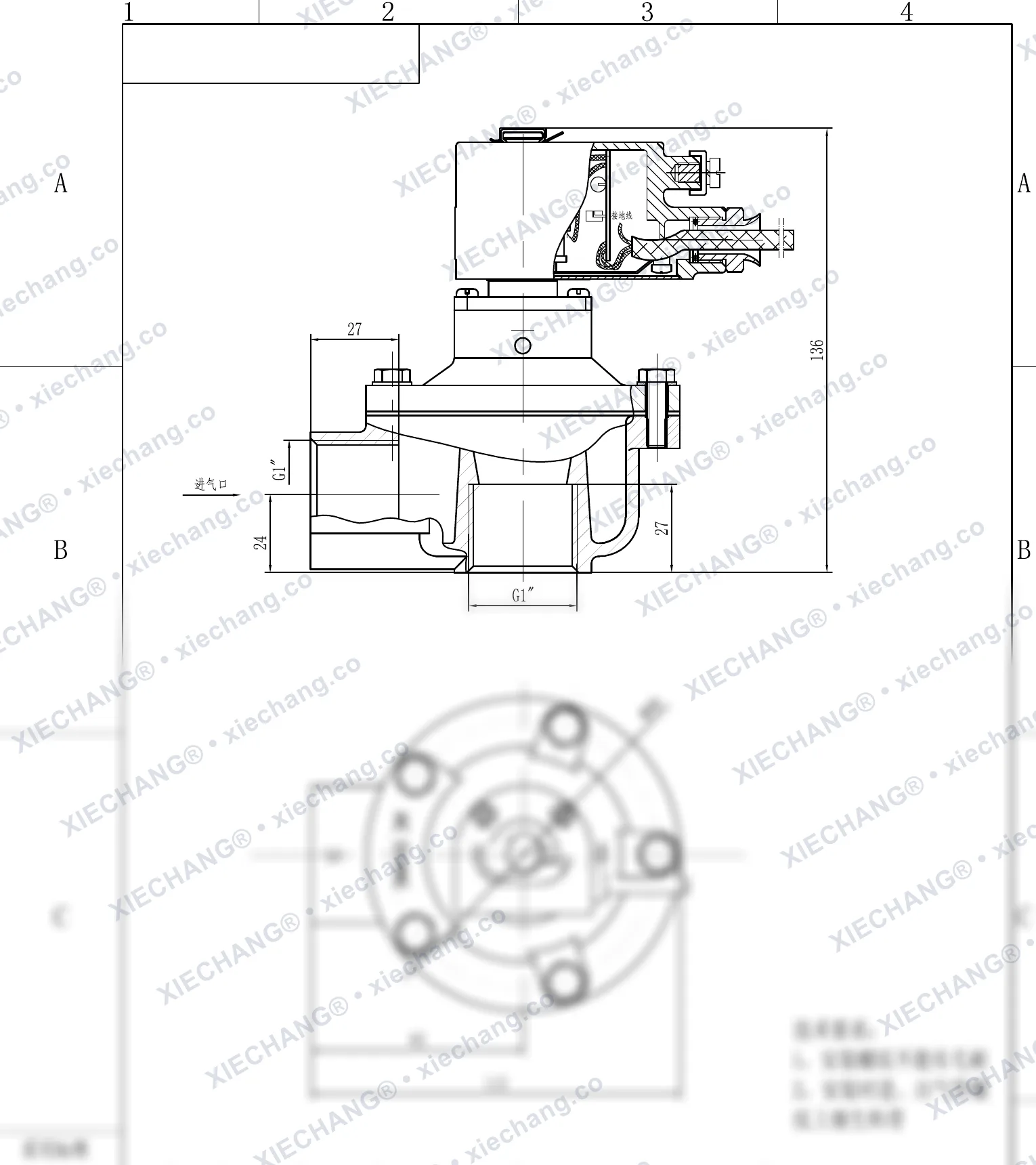 DCF-F-Z-25 · 1" (DN25) · portlashdan himoyalangan to'g'ri burchakli impuls klapani — O'rnatish chizmasi